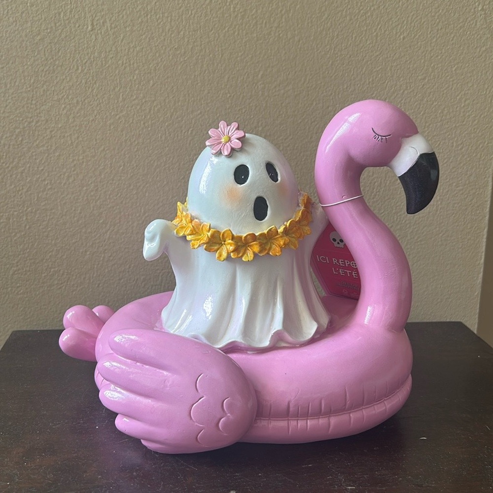 New Ghost On A Flamingo Float Halloween Figurine Summerween